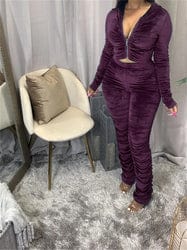 L / Purple XS-3XL Solid Color Pleated Long Sleeve Velvet 2 Piece Sets Casual Zipper Hoodies With Jogers Set Fashion Stacked Leggins Set