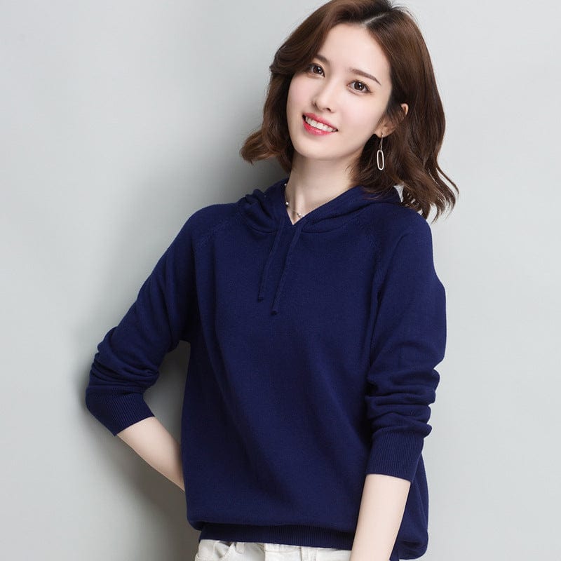 L / Purplish blue Spring New Hooded Sweater Women's Loose Casual Knitted Base Shirt Thin Coat