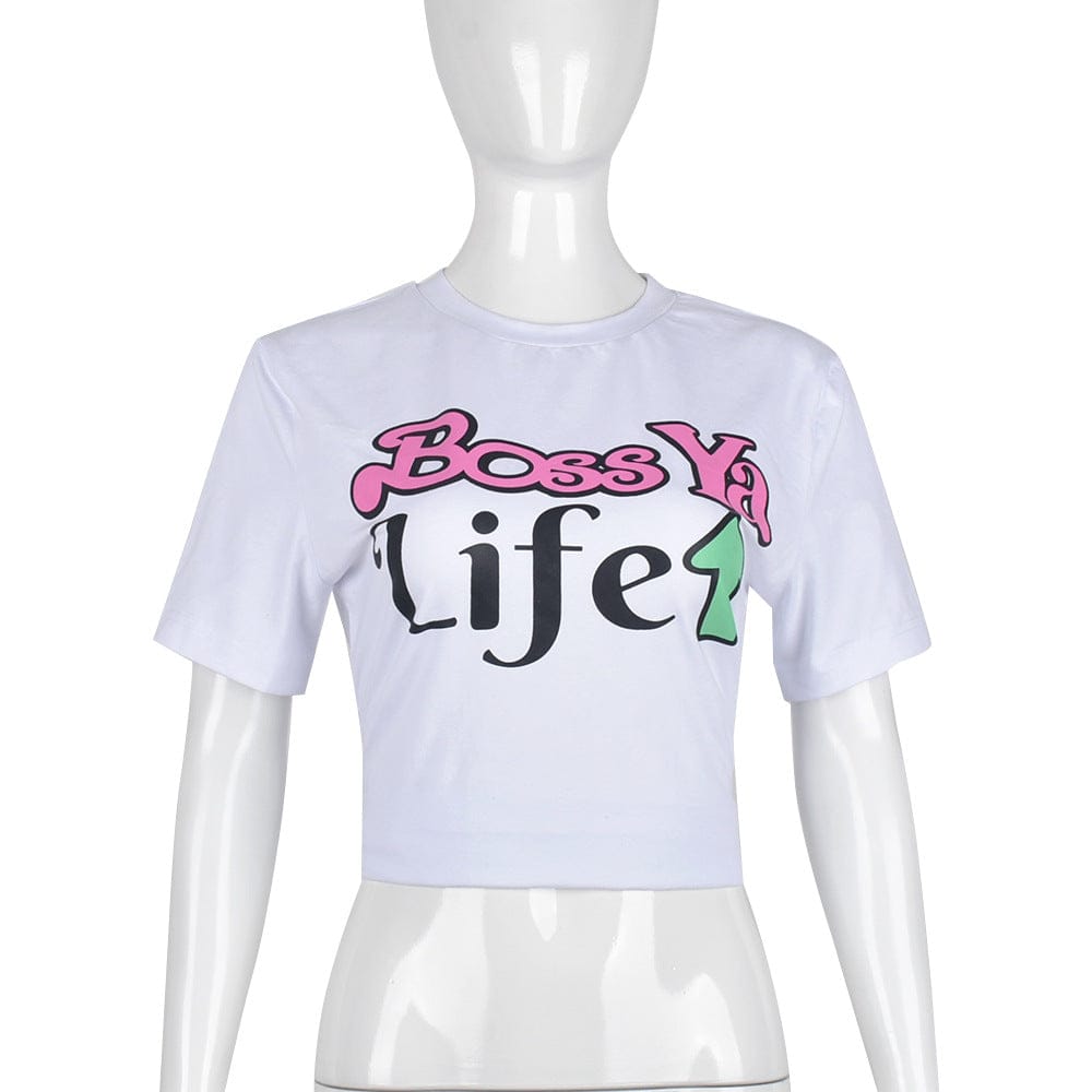 L / QWTP33  white Bomblook QWTP33 Basic T Shirt Women Crop Top Short Sleeve Letter Print Fit Top T Shirt Casual