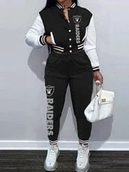 L / raiders Custom  plus size women's sets sport botton baseball uniforms sweatsuit ladies jacket and pants women two piece set