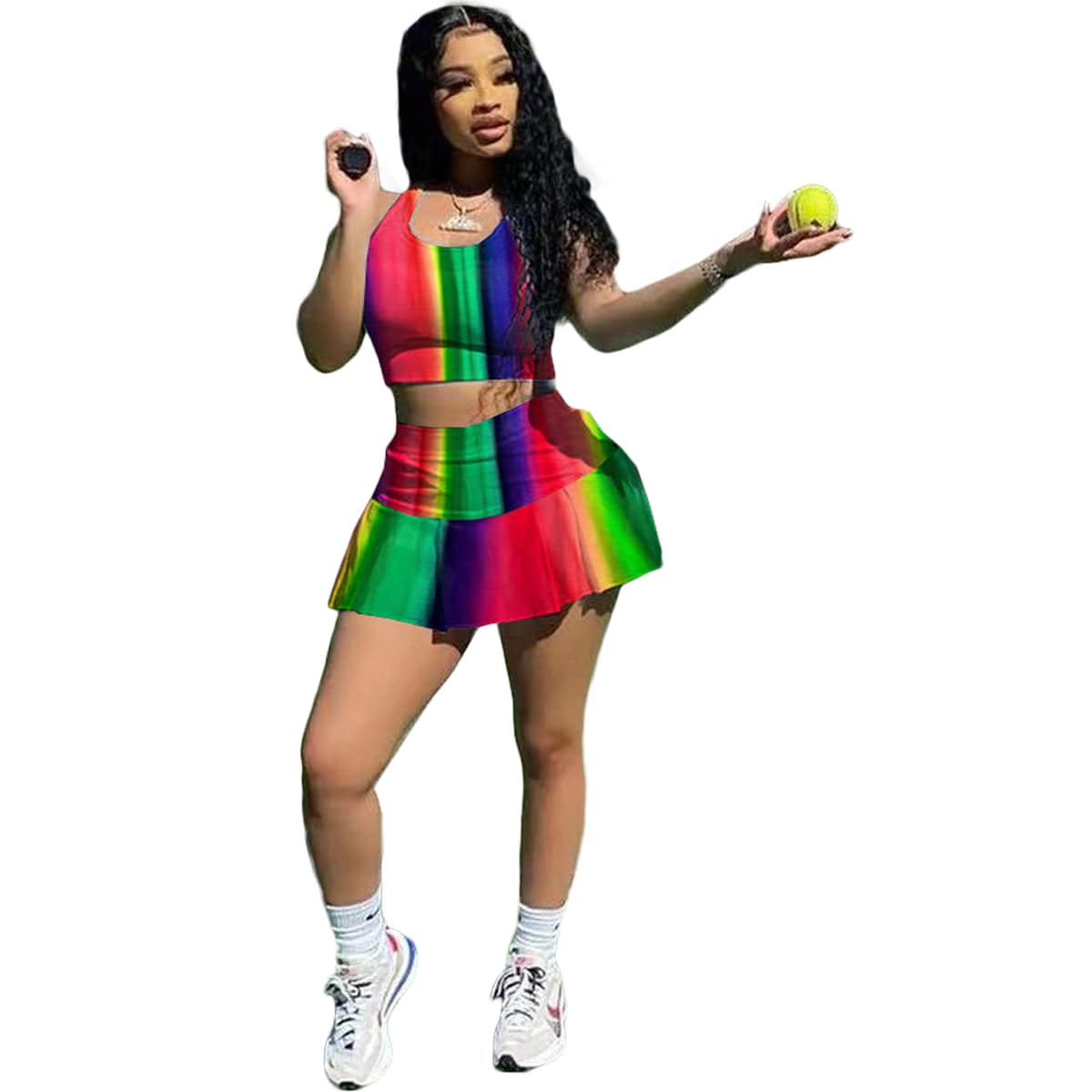 L / Rainbow Serena Sets Women's Pleated Two Piece Tennis Skirt Set Ladies 2 Piece Matching Top and Skirts Sets