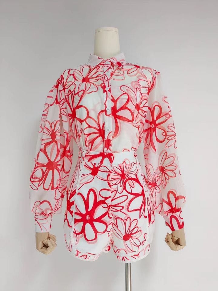 L / Red 2022 Summer Beach Ropa Dama Resort Style Shirt Top + Printed Sling Shorts Three-Piece Suit Women