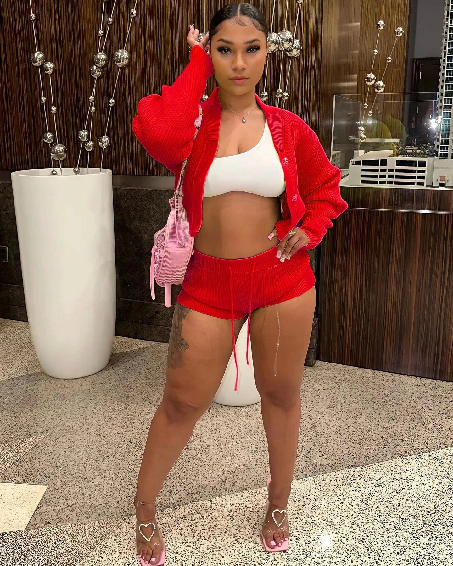 L / Red 2023 Fall Clothing Knitted 2 Piece Set Women  Cardigan and Short Pants Two Piece Women Fitness Outfits