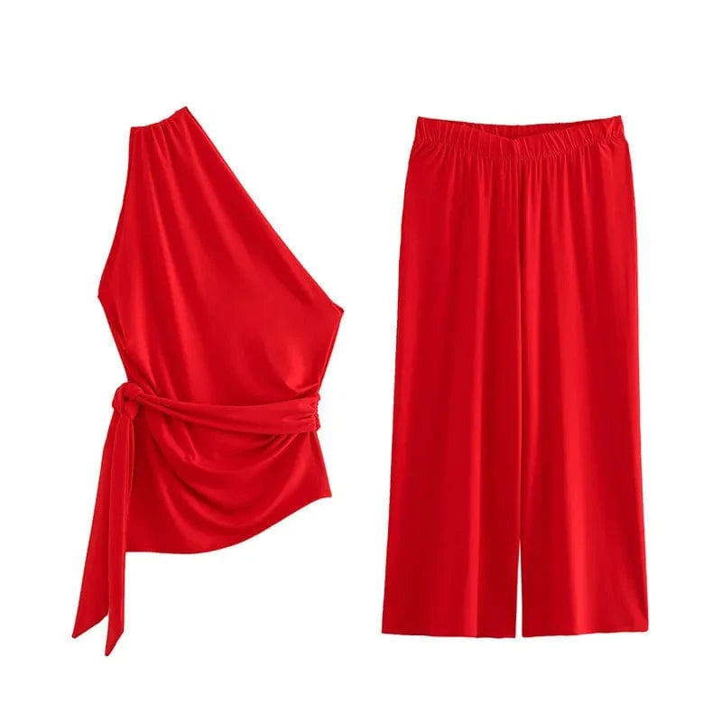 L / Red Bow decoration  multi color print asymmetric top wide leg pants set