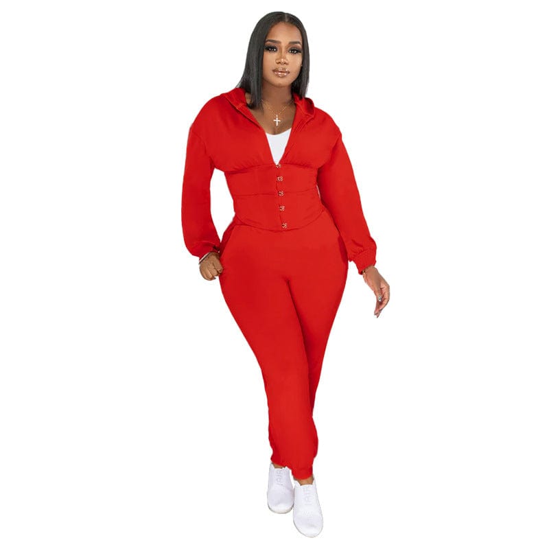 L / Red C1102TA81 Autumn Tendy Casual Hooded Solid Color Sport Two Piece Pants Set Women Sehe Fashion