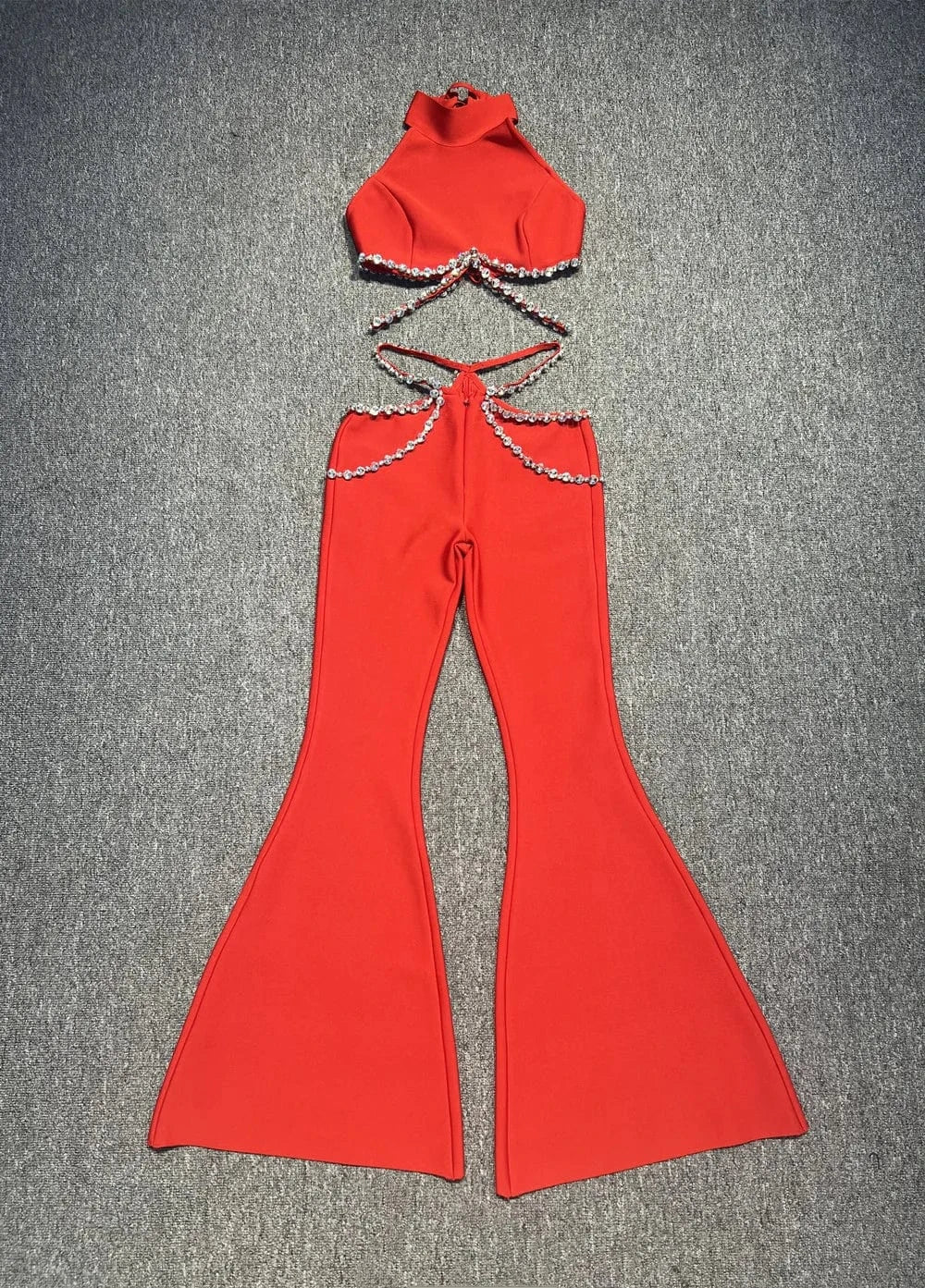 L / Red D8883 Fashion Halter Neck Diamond Bodycon Bandage Evening Party Two Pieces Set