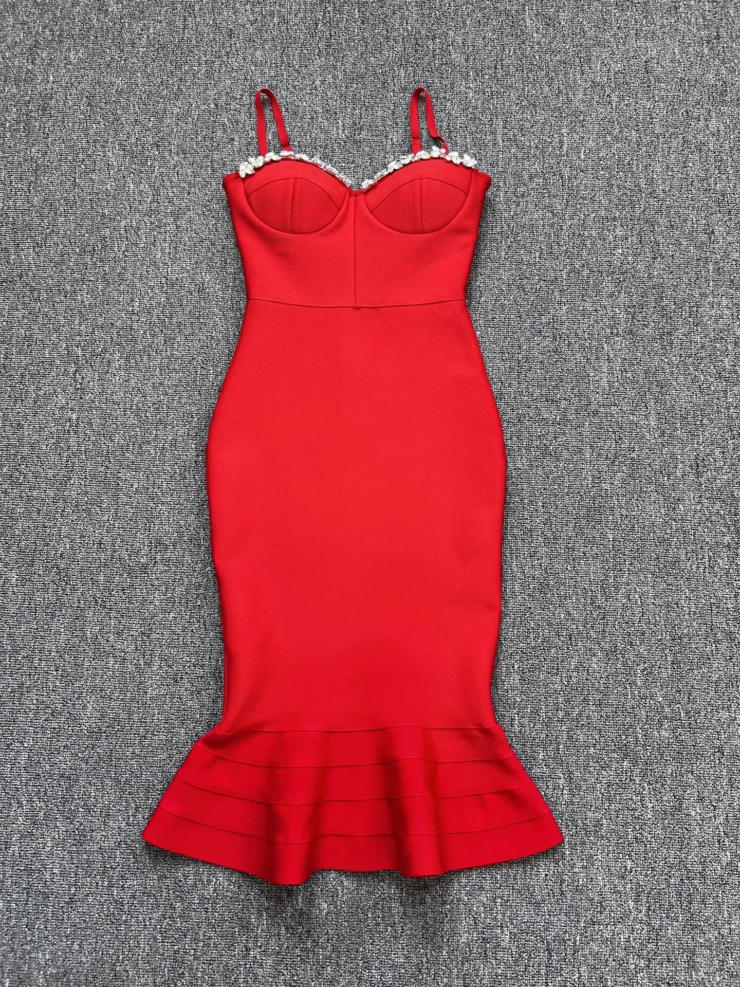 L / Red Elegant Spaghetti Strap Crystal Bandage Bodycon Dresses Fashion Party Casual Fishtail Evening Dress High Quality Woman Vestidos