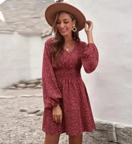 L / Red European and American 2024 Spring New Wave dot dress women's V-neck Long sleeve Pleated waist Slim-fit Women's dress