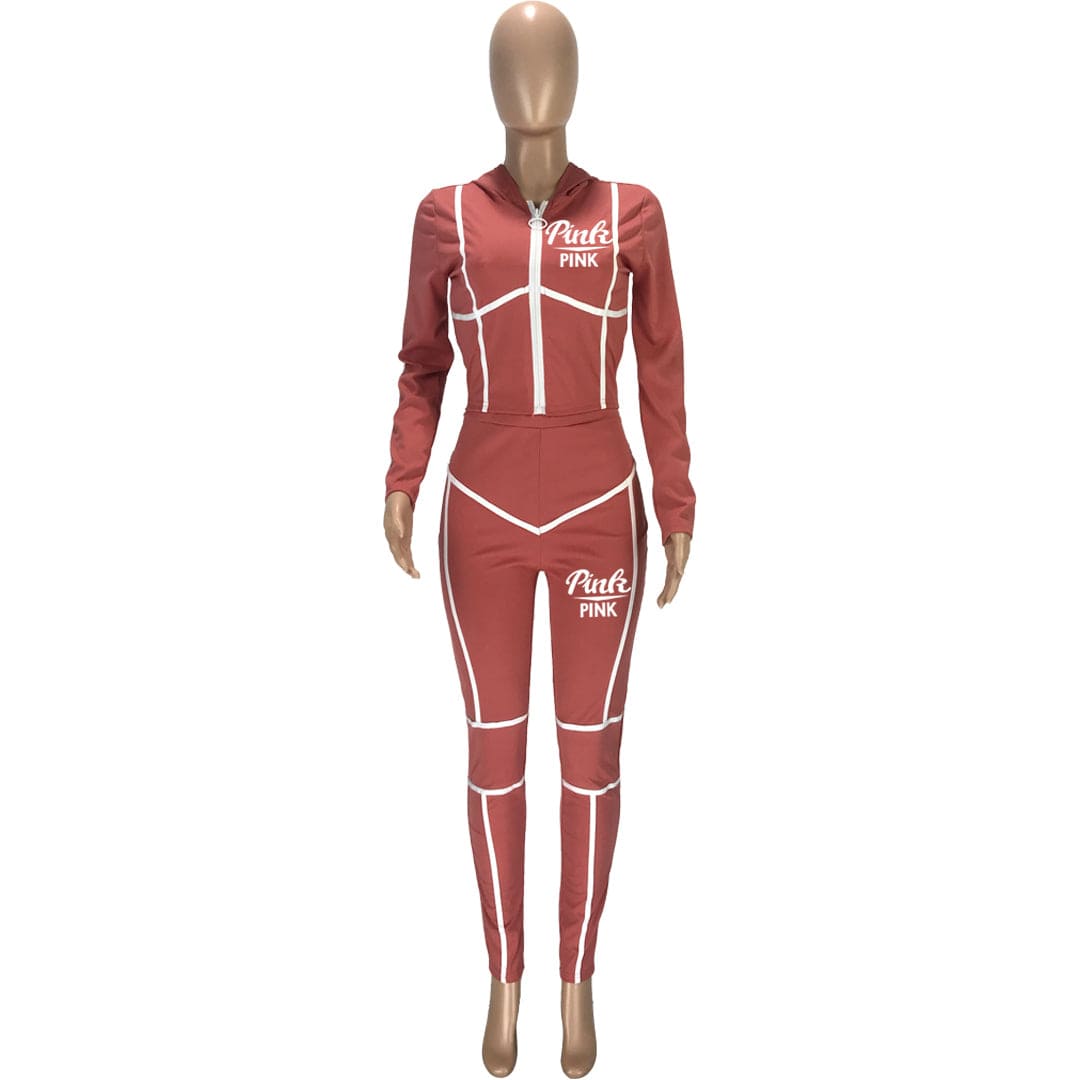 L / Red Fall 2022 Women Clothes Women's Fashion Offset Printed Long Sleeved Hoodie Sportswear Zipper Top Pants Sportswear Two-piece