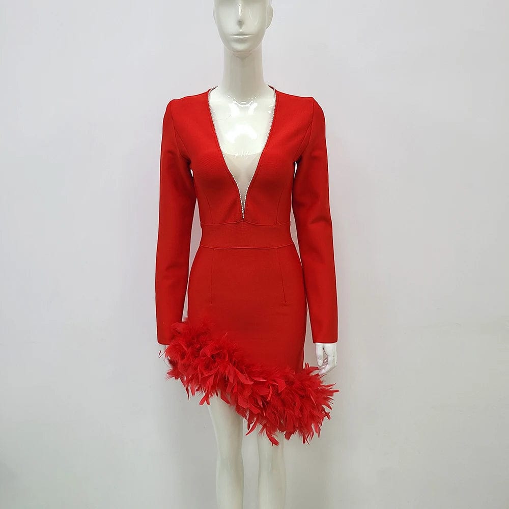 L / Red Fashion Cheap Women's Celebrity Evening Club Feathers Unique Designer Women Party Dress