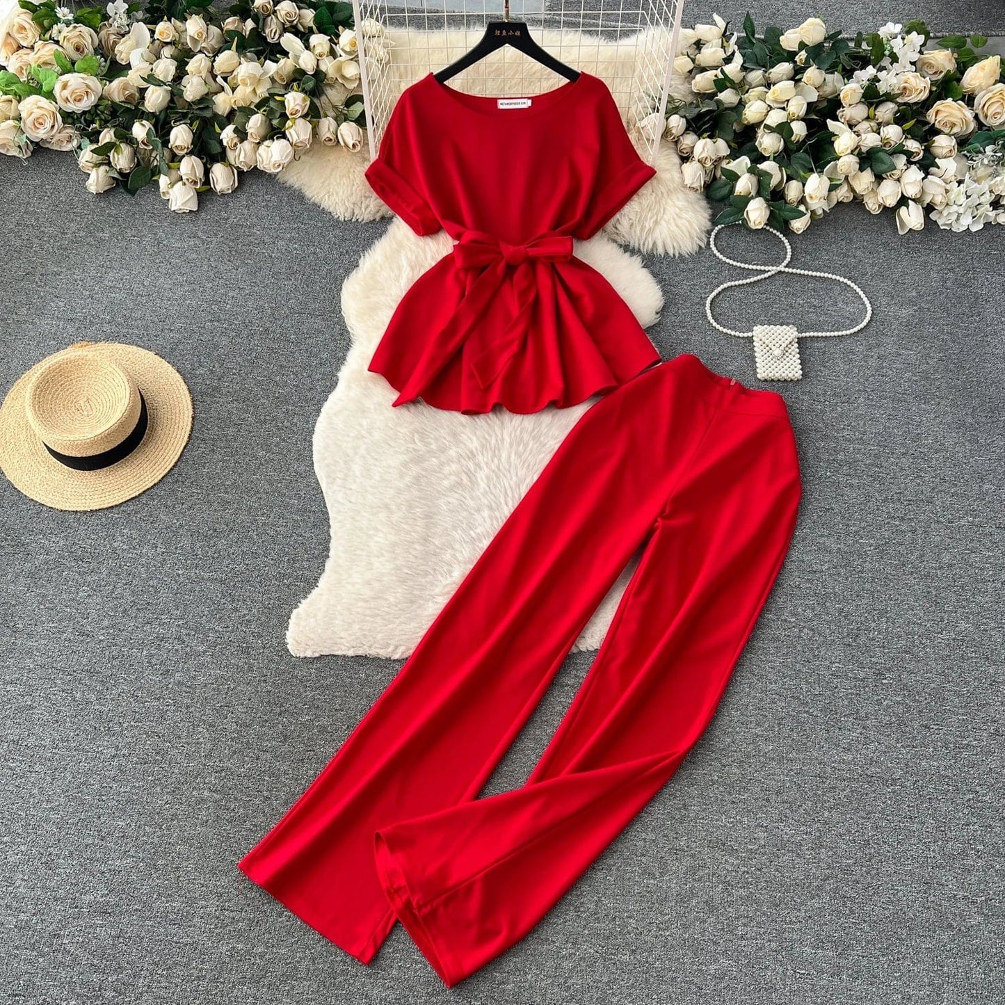 L / Red Fashion Round Neck Short Sleeve Tie Top Two Piece Women Casual Loose Wide Leg Pants 2 Pieces