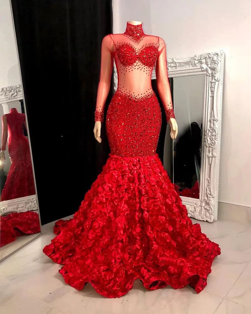 L / Red / Floor Length NOVANCE 2023 new product high neck sheer sparkling rhinestones elegant black sexy dress modest wedding dress for wedding party