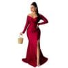 L / Red Long Sleeve Red Split Birthday Dress For Women Vestidos Fiesta Cocktail Party Dresses Ladies Velvet Sexy Maxi Bodycon Prom Dress