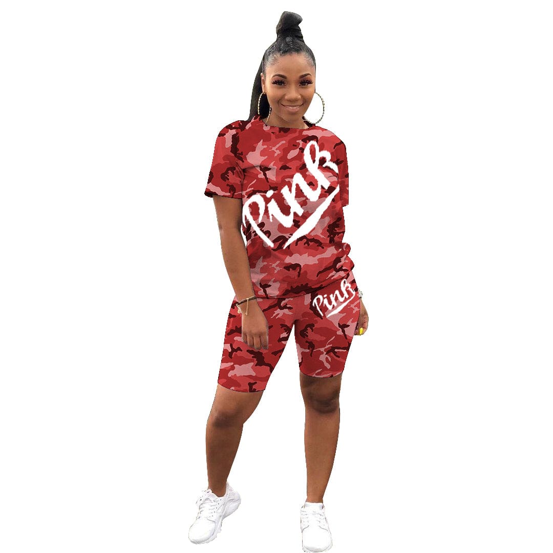 L / Red MTY6515 2022 new arrival ladies pink  short set casual  camouflage pants sets printed outfit suit 2 piece set women clothing