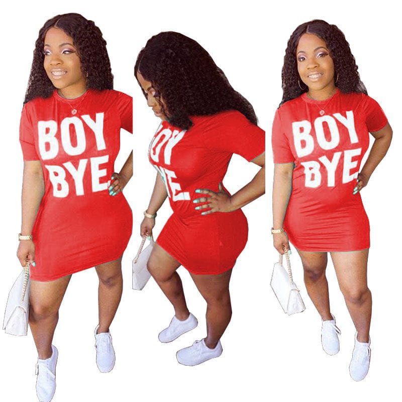 L / Red New Loose Women's Solid Color Letter Print T-Shirt Dress