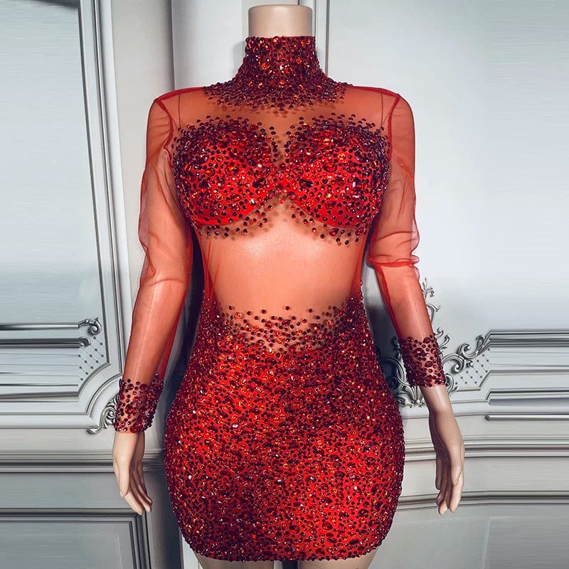 L / Red NOVANCE 2023 new arrivals sexy see through bling diamonds cute mini green dress short sparkling party dress for evening club