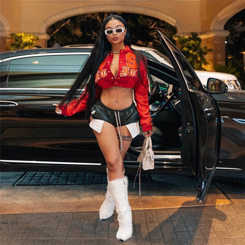 L / Red OUDINA Boutique Round Neck Loose Short Uniform Varsity Jacket Winter Women's Jackets