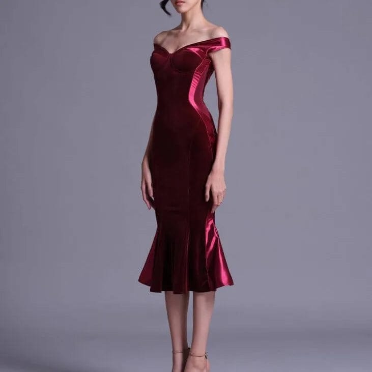 L / Red OUDINA Wholesale Modest Evening Dress Elegant Gowns Dinner Party One Shoulder Velvet Long Dresses Women