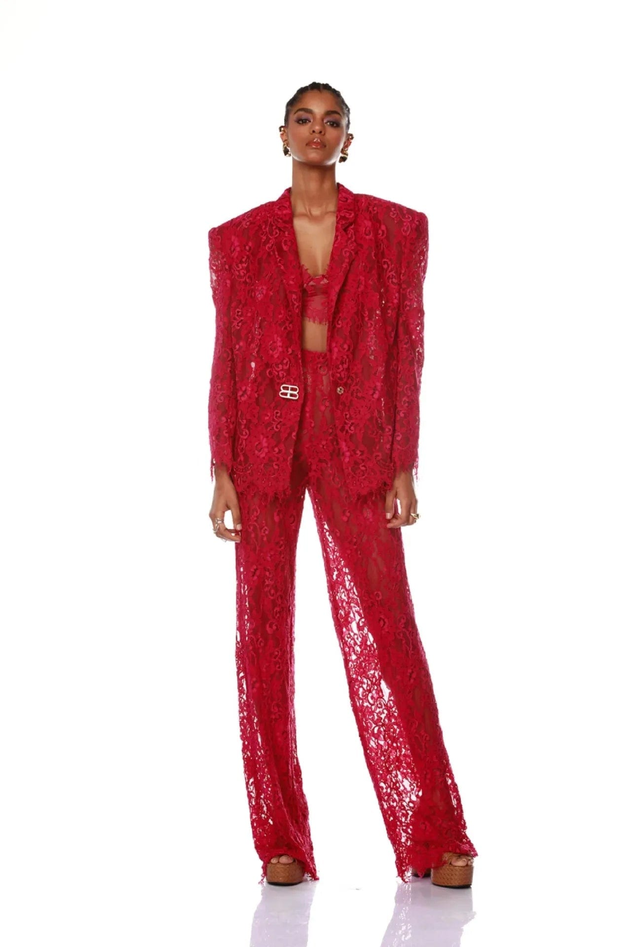 L / Red OUDINA Wholesale One Button Blazer Top Bra Trousers Mesh Lace Three Piece Business Suits Suit For Women