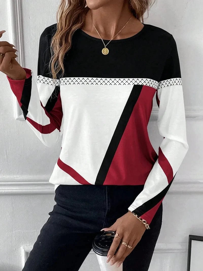 L / Red / Polyester / Cotton 2024 European and American Women's new pullover Round neck Contrast color Stitching geometric Printed top Women's T-shirt