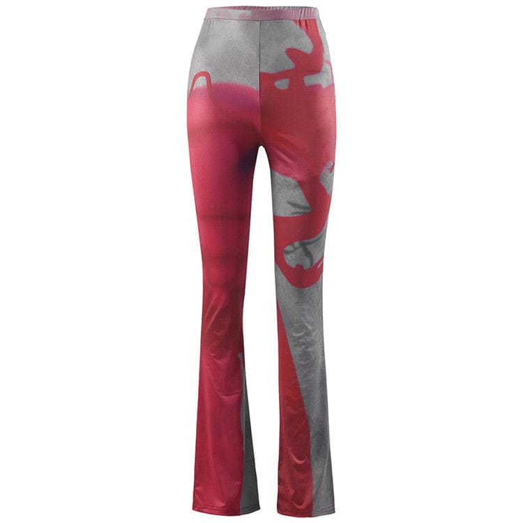 L / Red print Skinny Red Print Pants Women 2023 High Waist Black Pocket Pants Print Fashion Casual Flared Trousers Women