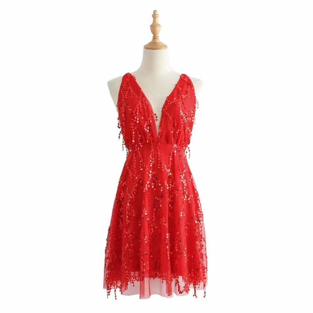 L / Red Sequin Backless Casual Tassel Summer Beach Mini Club Party Dress for Women A463 Summer Lady Shiny Nightclub Wear
