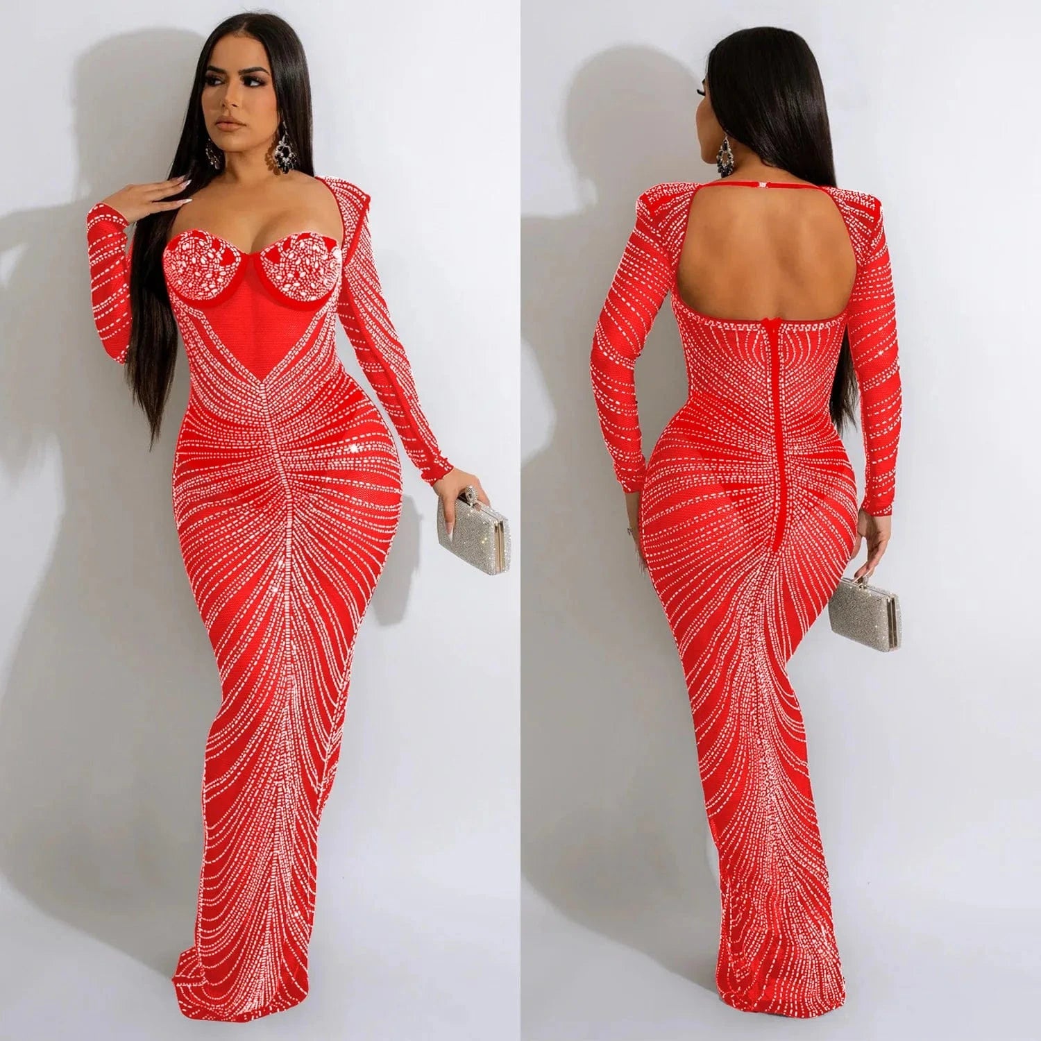 L / Red Sexy Mesh Rhinestone Crystal Maxi Dress New Women Long Sleeve Sheer Skinny Night Club Long Dress