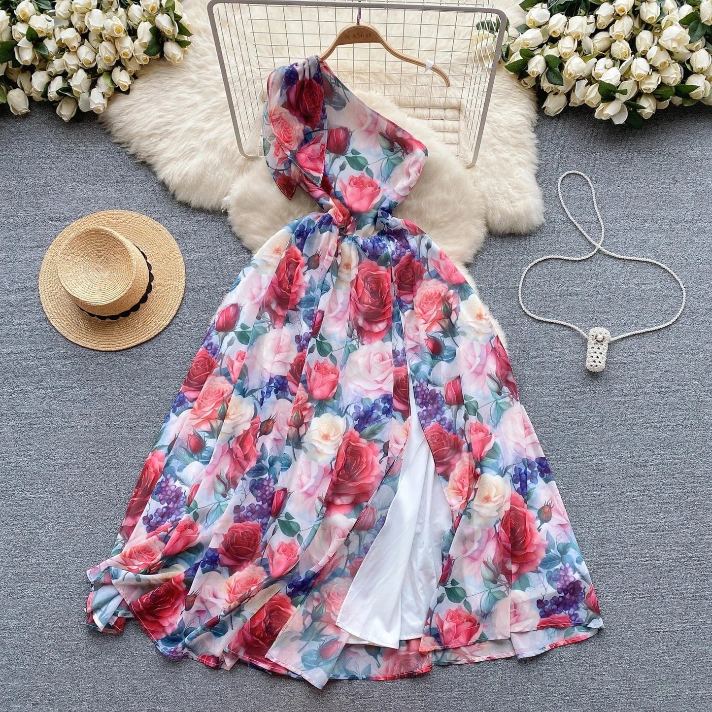 L / Red Sleeveless V-neck Print A-line Dress Summer Asymmetric Chiffon Maxi Dress Ladies Casual Dress Clothes Women Wholesale