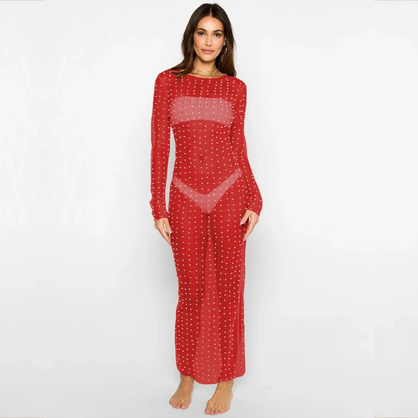 L / Red W-S1171A Rhinestone Mesh See Through Dress Lady Long Sleeve Transparent Bikini Cover Up Clubwear Fashion Sexy Sheer Dress
