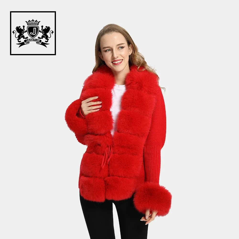 L / Red Wholesale Ladies Autumn Winter Knitted Fox Fur Trim Wool Fur Sweater