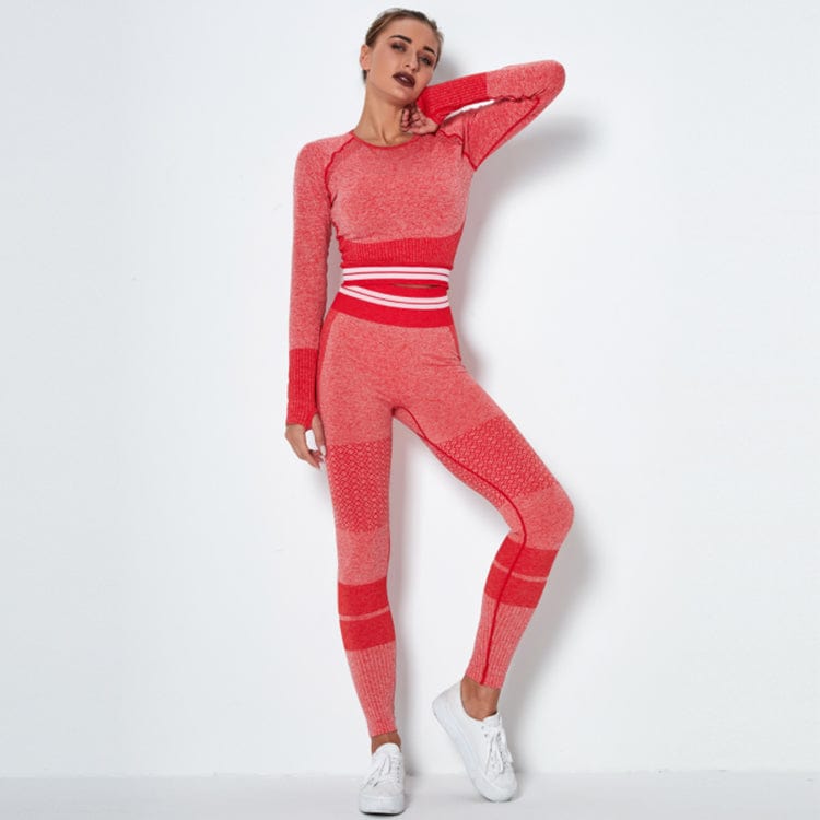 L / Red Wholesale Seamless Comfortable Breathable Fitness Long sleeve Yoga Set Women Tight Elastic Yoga Track Suit