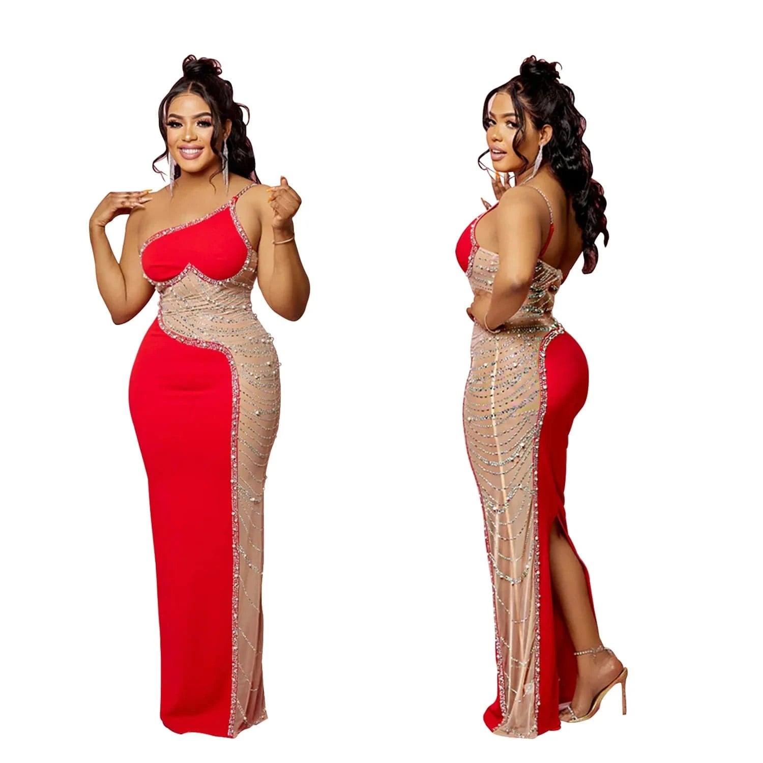 L / Red Women One Shoulder Split Long Dress Mesh Patchwork Rhinestone Beaded Dress Sleeveless Sexy Party Evening Dresses