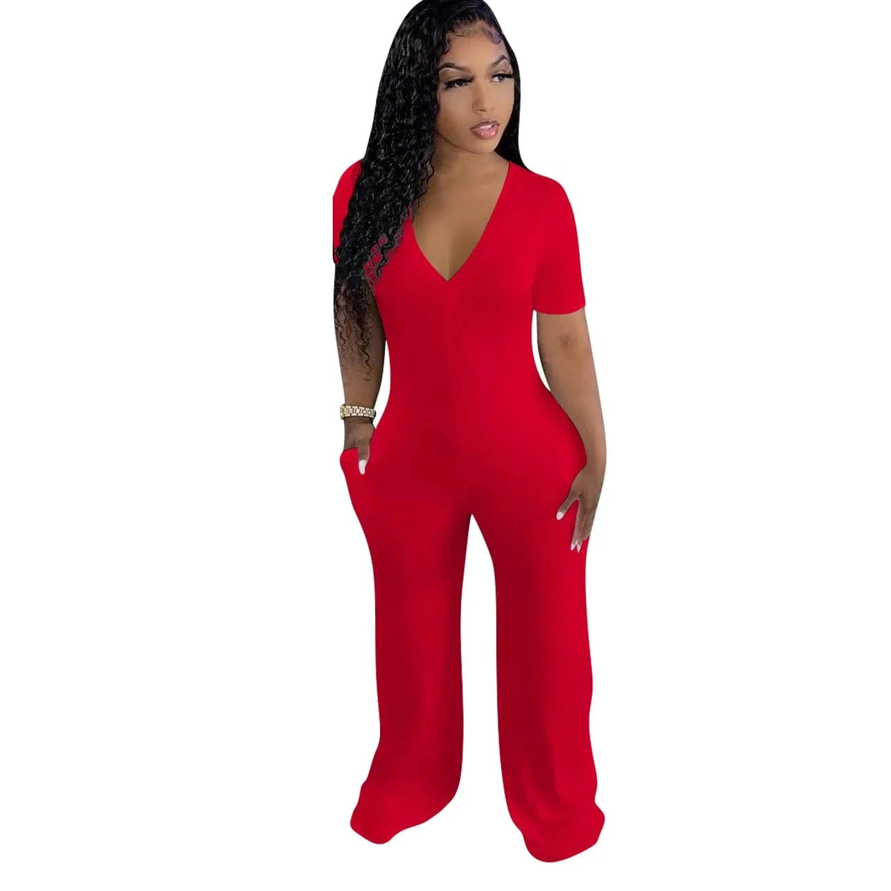 L / Red Womens Clothing V-neck Rompers Women Solid Rompers Casual  Clothing One Piece Jumpsuit Mujer with Pockets