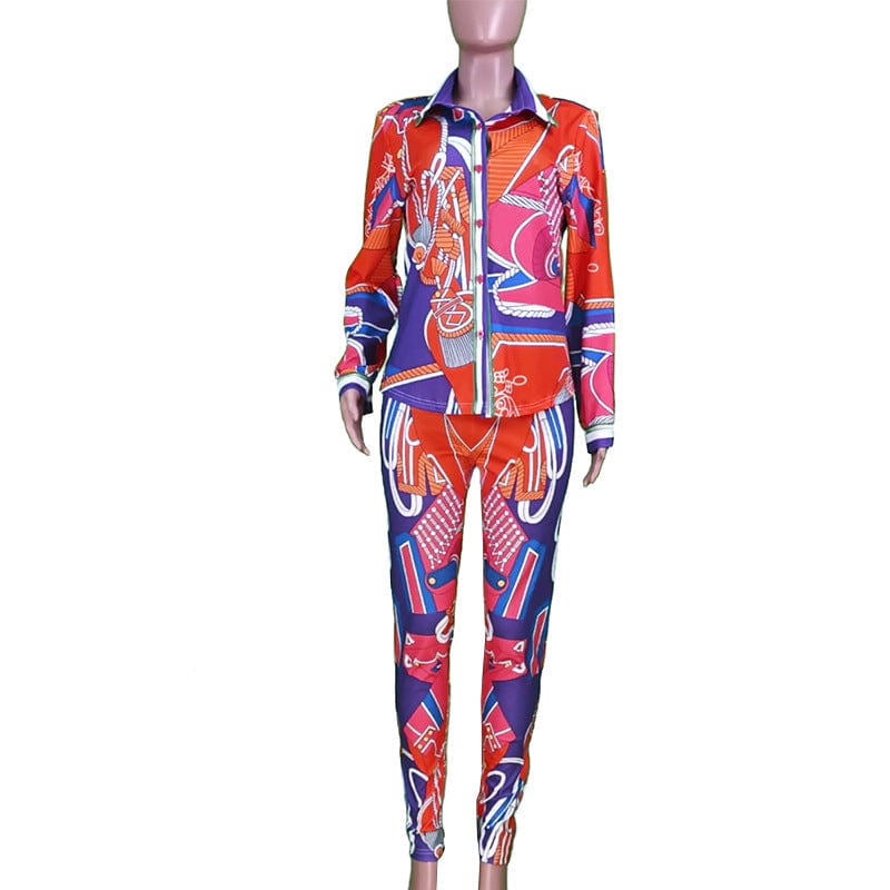 L / Red ZL1981 Trend 2023 Print Long Sleeve Shirt And Pants Sets Women Suits Office Lady Streetwear Two Piece Bandage Outfits Women Set