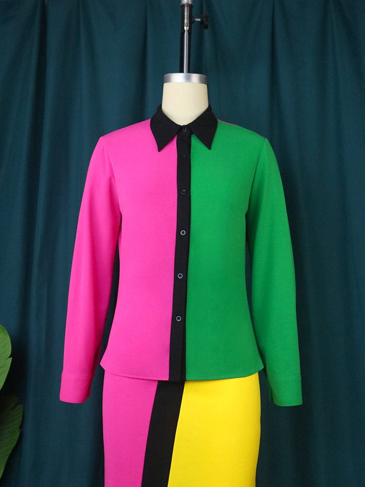 L / Rose Autumn Patchwork AOMEI Long Sleeves Elegant Facoty Women Classy Blouse