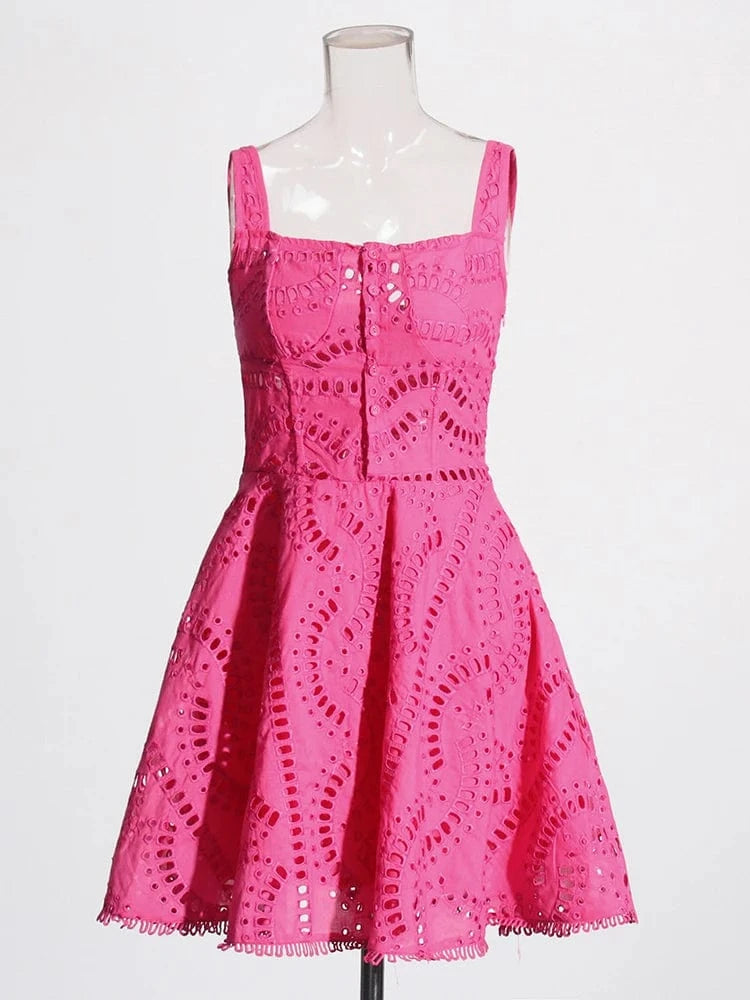 L / rose CHICEVER Elegant Sleeveless High Waist Solid Color Hollow Out Dresses Lady Dress For Women