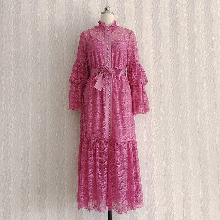 L / Rose Madder 2022  Spring New Arrivals  Retro Fashion Lace Solid Color Lotus Leaf Sleeve Belt Stand Collar Women'S Dress