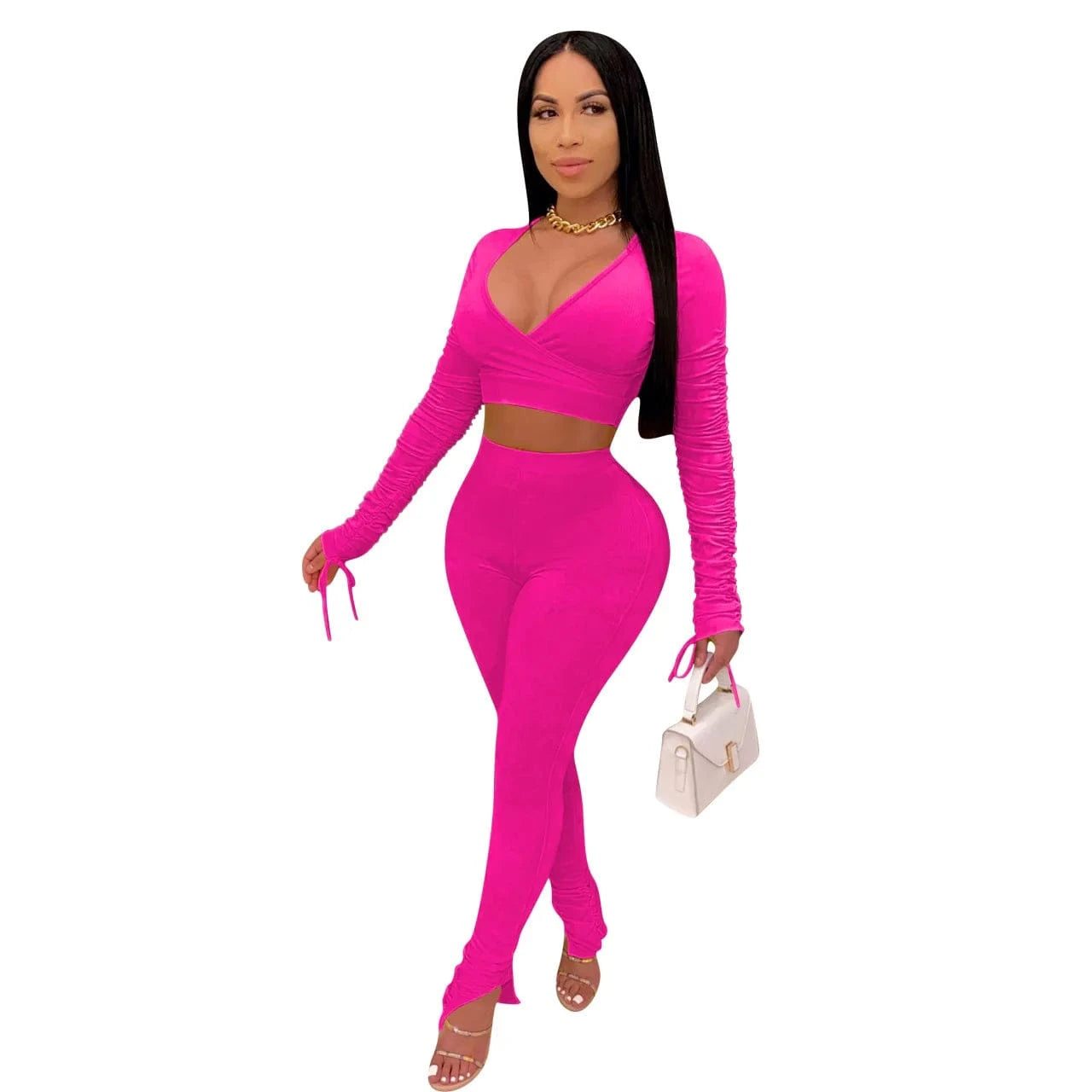 L / Rose Madder Bodycon Fall Two Piece Women Pants Sets Pleated Long Sleeve Slit Legging Sexy Ladies 2Piece Outfit