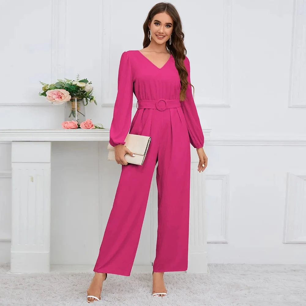 L / Rose Madder European and American 2024 New Casual Solid color V-neck Long sleeve Slim fit Straight pants Jumpsuit belt Women's jumpsuit suit