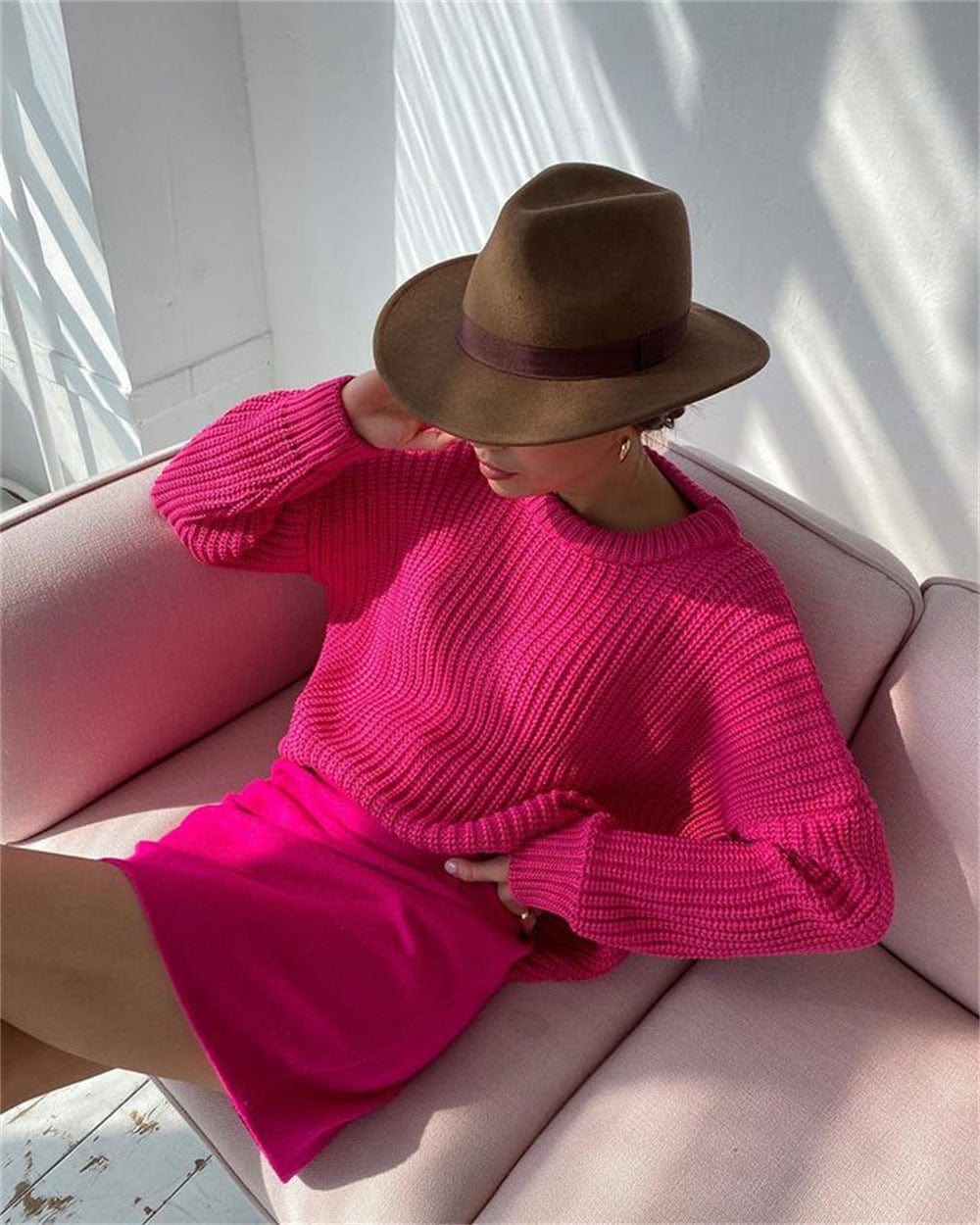 L / Rose Madder Foma High quality hot selling round neck pullover sexy casual solid color fashion sweaters for women