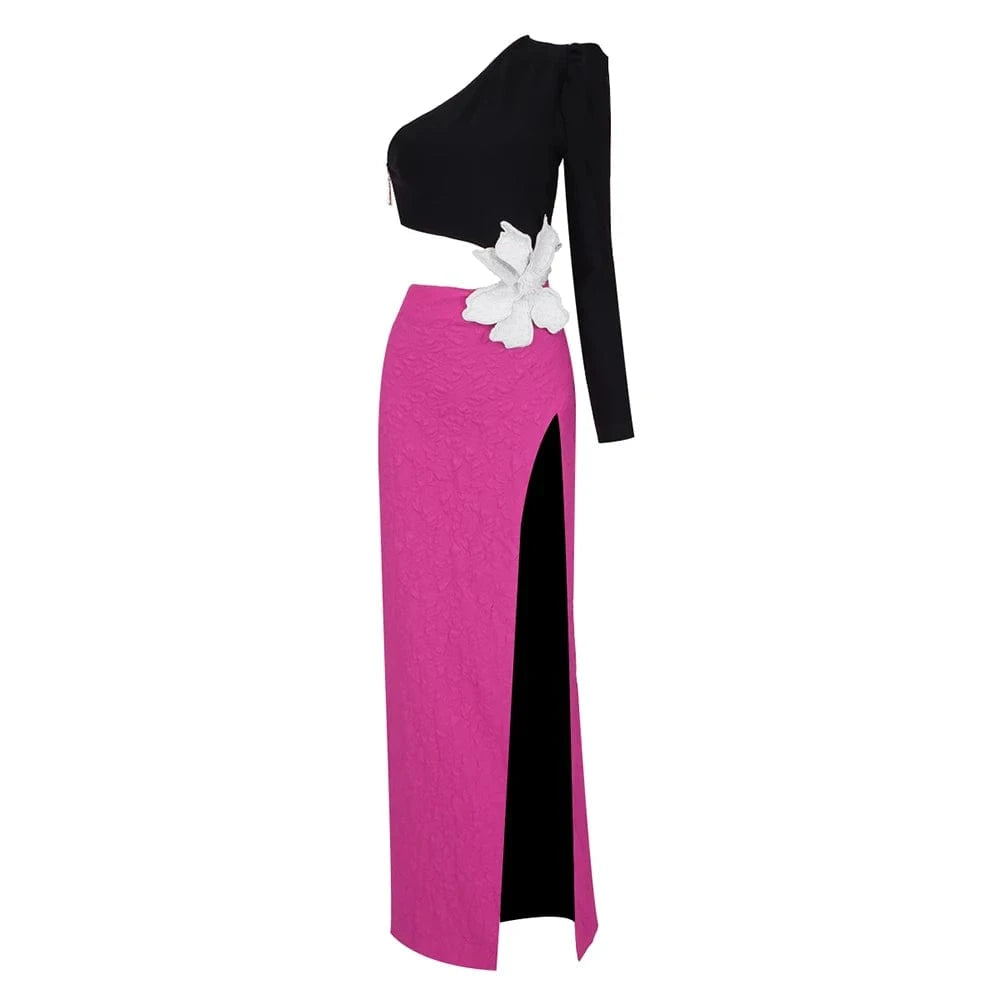 L / Rose Madder Lady One Shoulder Long Sleeve Rhinestone Hollow Out Party Evening Dress