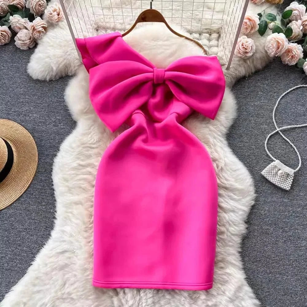 L / Rose Madder S-4XL Sexy Pure Desire Wind Irregular Three Dimensional Bow Tie Single Shoulder Diagonal Neck Bra Wrap Hip Dress