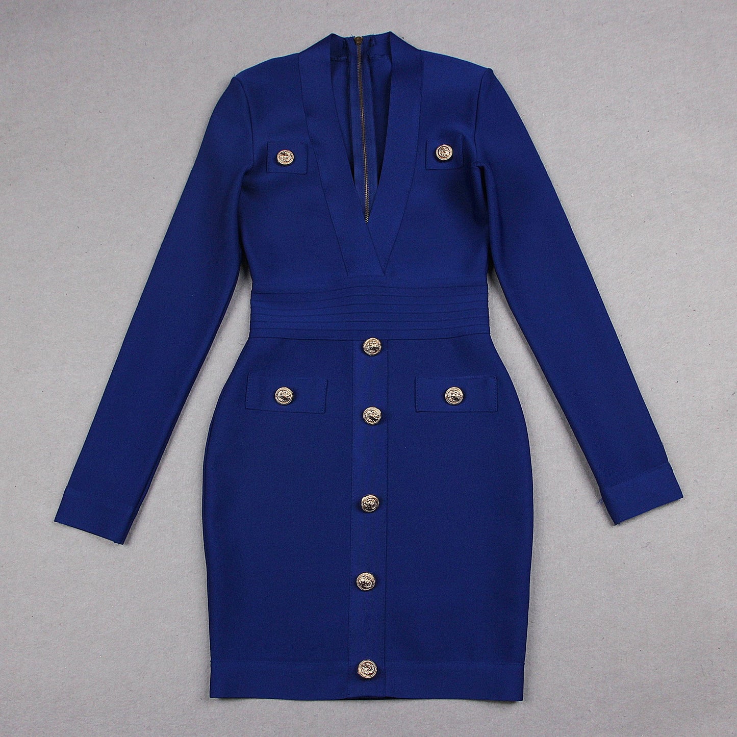 L / Royal blue White Women Bandage Deep V-Neck Buttons Mini Dresses Office Long Sleeve Evening Party Clothing
