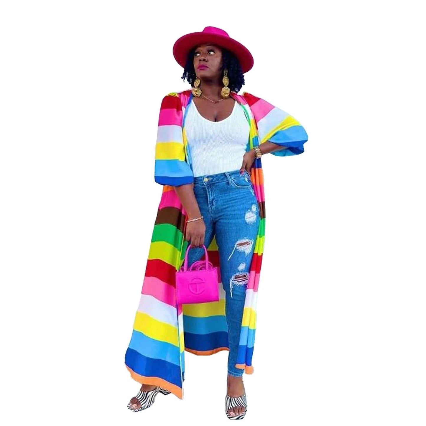 L / S10505 Trendy Women Clothes Oversize Positional Print Rainbow Long  polyester Cardigan Jacket
