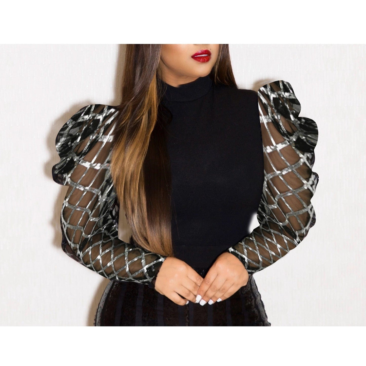 L / silver Black Patchwork Long Sleeves See Through Plaid High Collar Lady Club Blouses