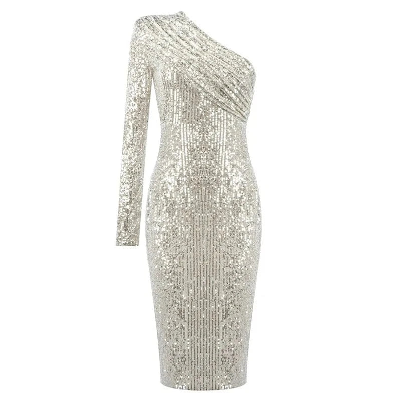 L / silver D8130#New Women's nightclub sexy one-shouldered  long-sleeved sequins perspective slim dress evening dress