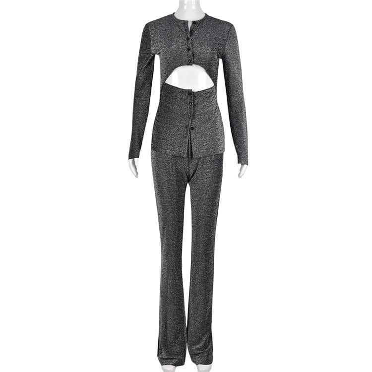 L / Silver gray Fall Casual Matching Sets Gray 2 Two Piece Sets Womens Outfits 2023 Hollow Out Long Sleeve Tops And Pants Sets