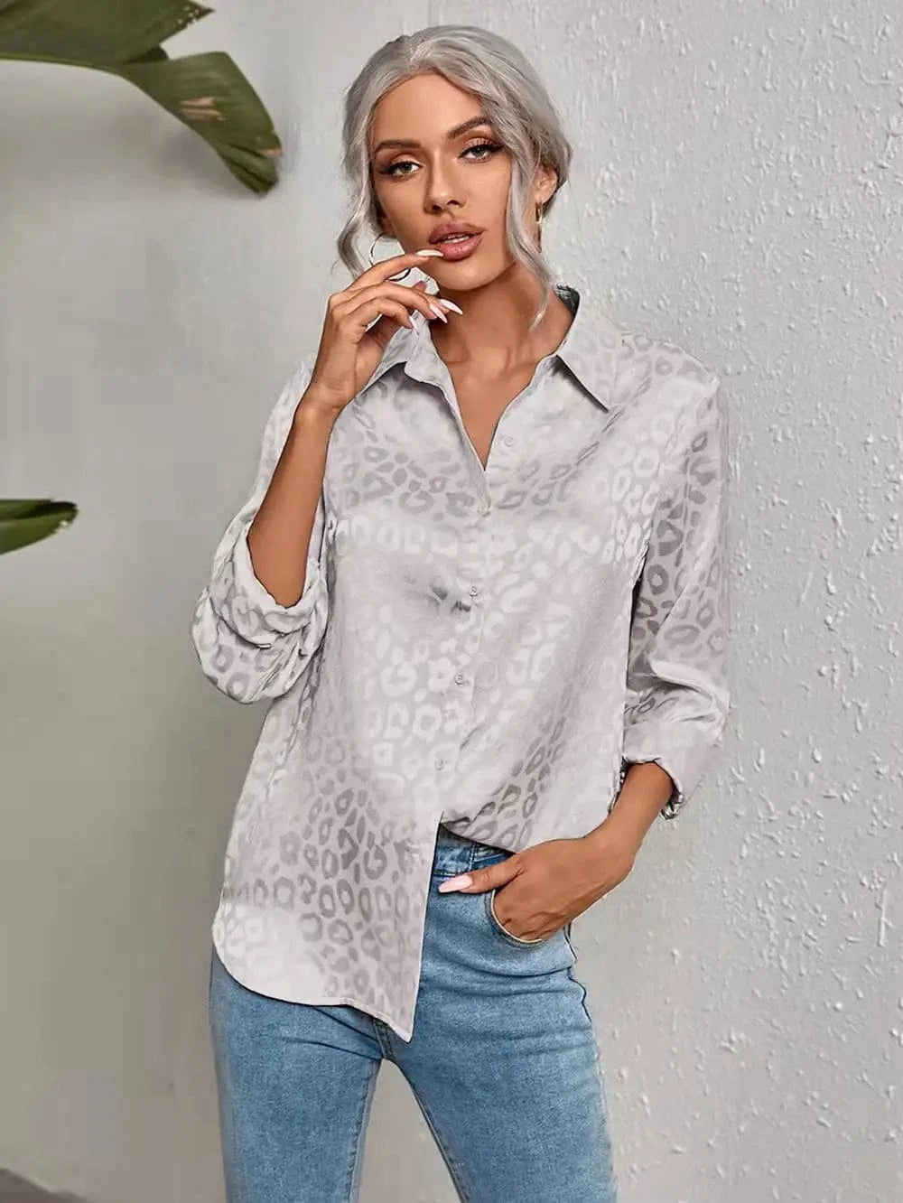 L / silver gray Wholesale Girls Blouses&shirts Fashion Leopard Long Sleeve Tops New Women Blouse