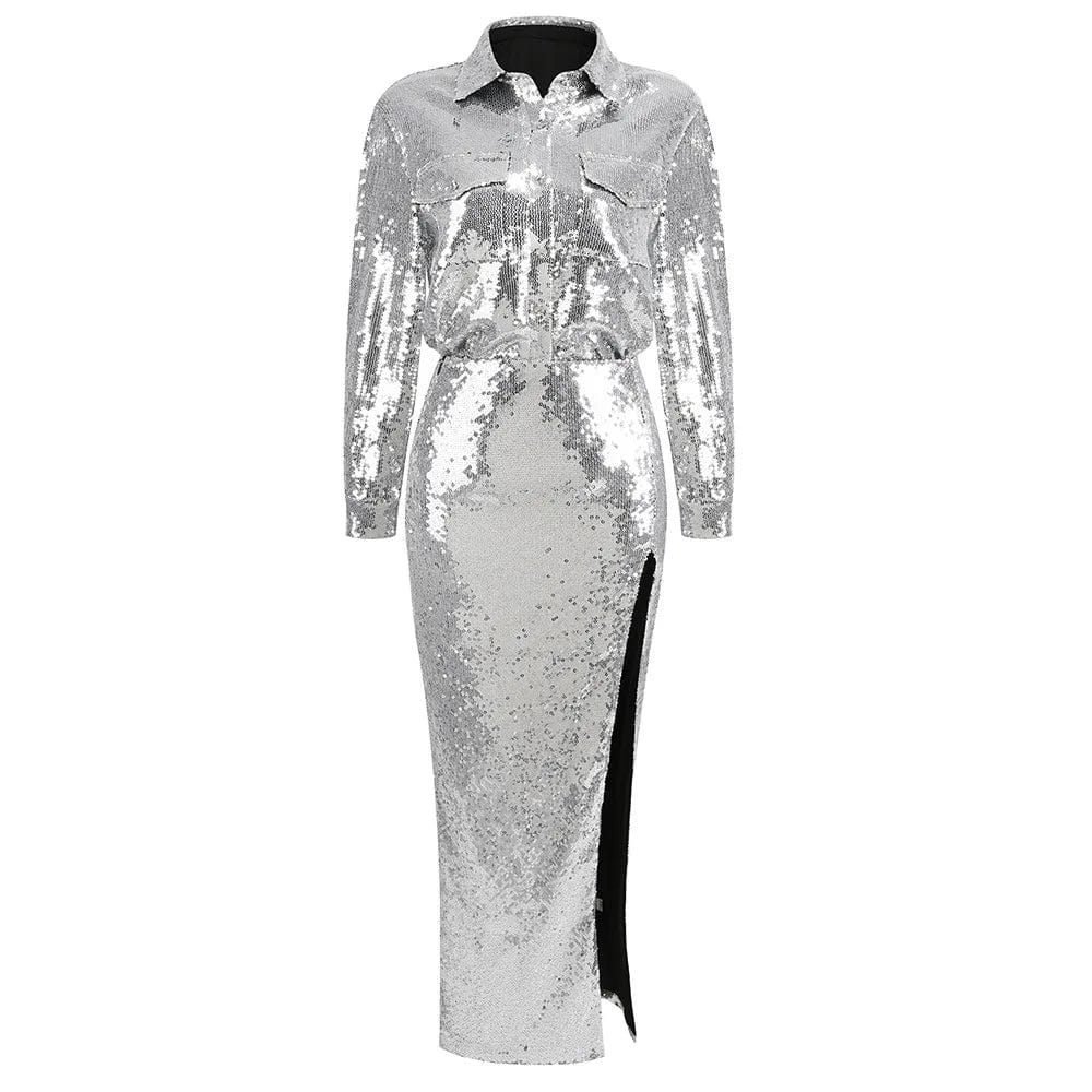 L / silver OUDINA Fashion Elegant Luxury Long Sleeve Shirt Top Sequined Women Two Piece Skirt Set
