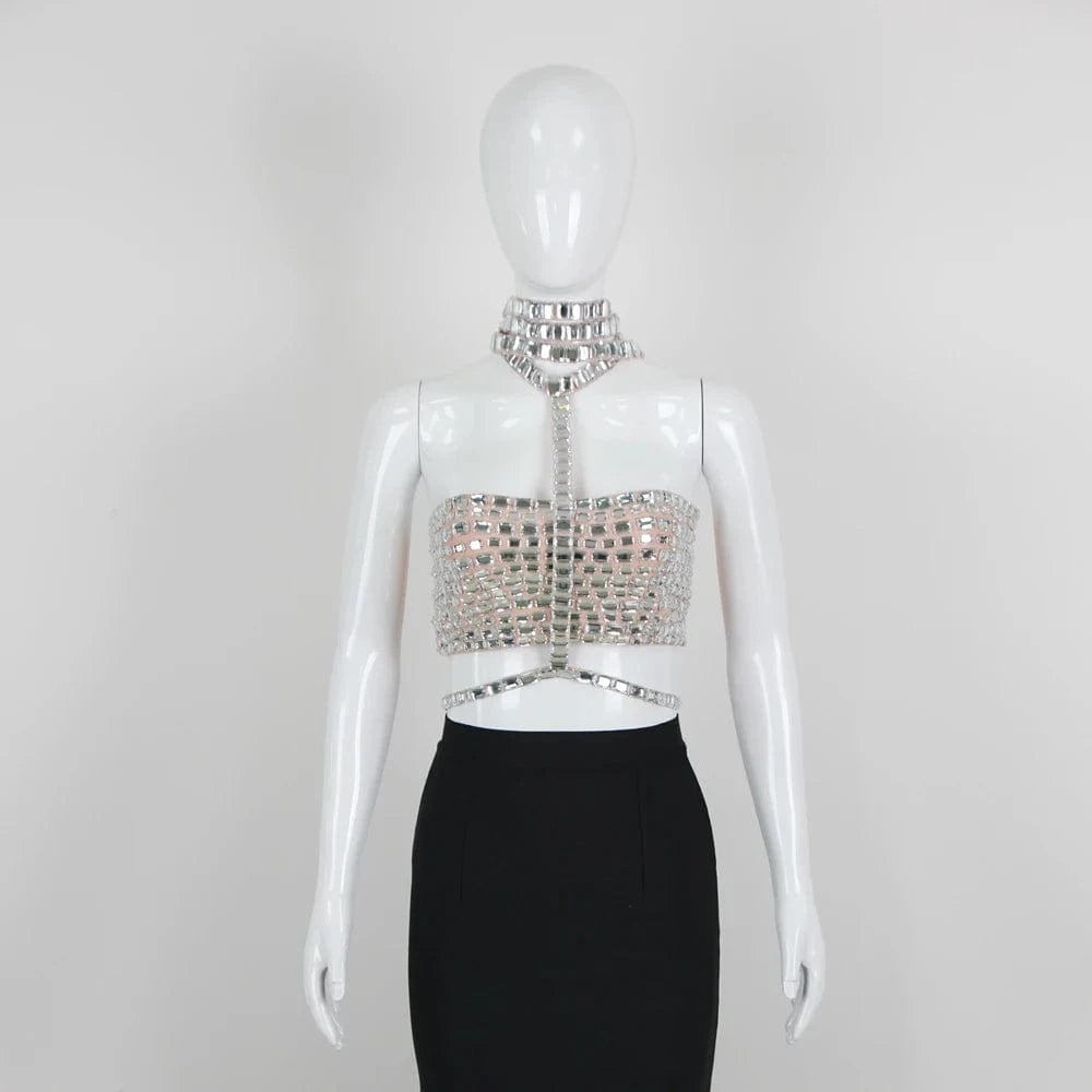 L / silver / Spandex / Cotton TS2249 Kimshein Elegant Bodycon Ladies Clothes Sexy Tops For Women Luxury Crystal Rhinestone Halter Tops